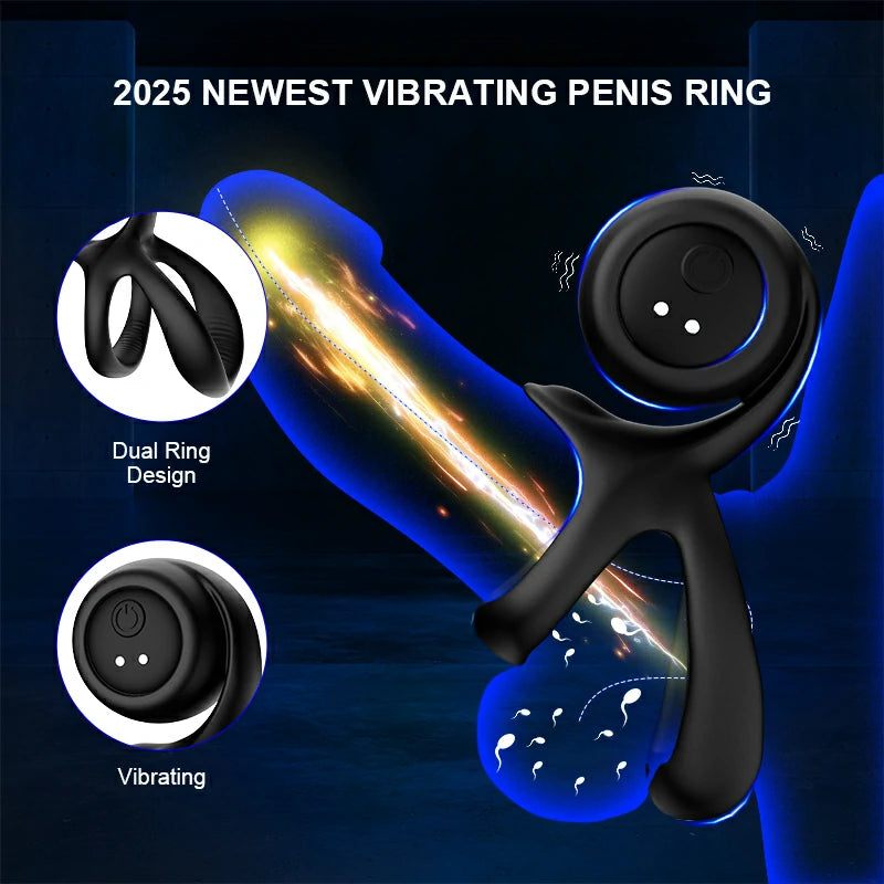 Dual Ring Stretchy Silicone Penis Ring with Smart Vibration Waterproof Rechargeable for Intense Pleasure MT-PR12