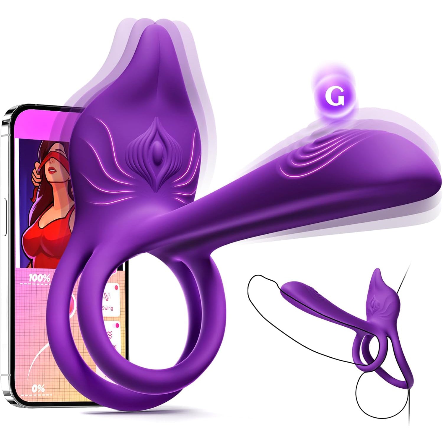 PR14: Couples' Vibrating Penis Ring Sex Toy with Curved Clitoral Stimulator Head & G-Spot Vibrator — 10 Vibration Modes