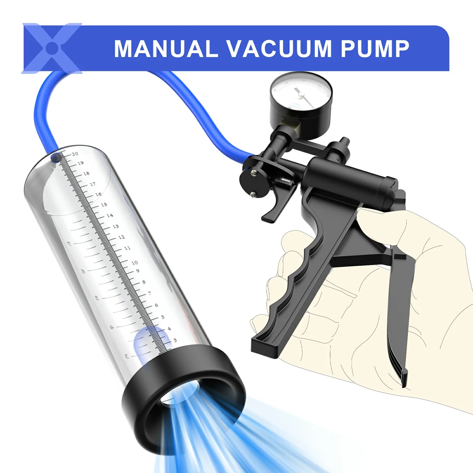 XP18 Manual Dick Pump with Air Gauge and Transparent Scale Cylinder for Safe Penis Training and Growth