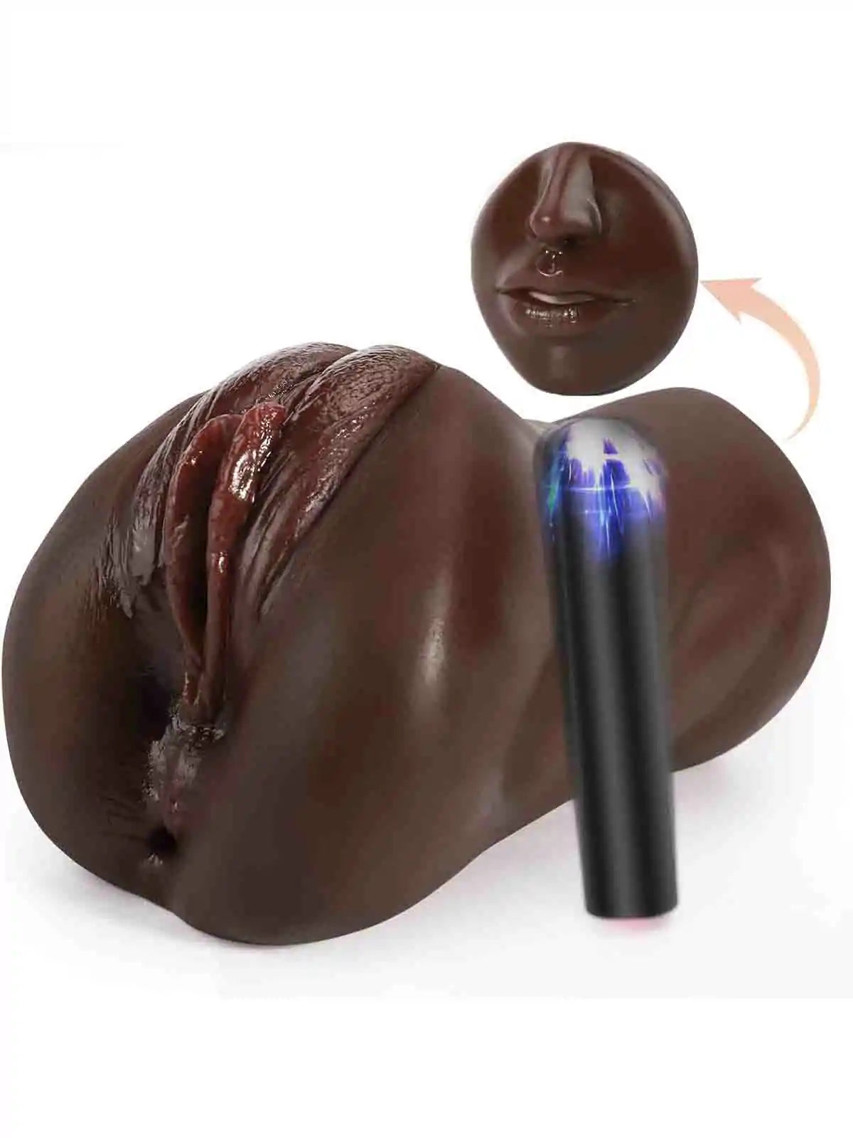 3 in 1 Realistic Black Pocket Pussy with Vibrator Textured Oral Vaginal Anal Channels MT-PU69