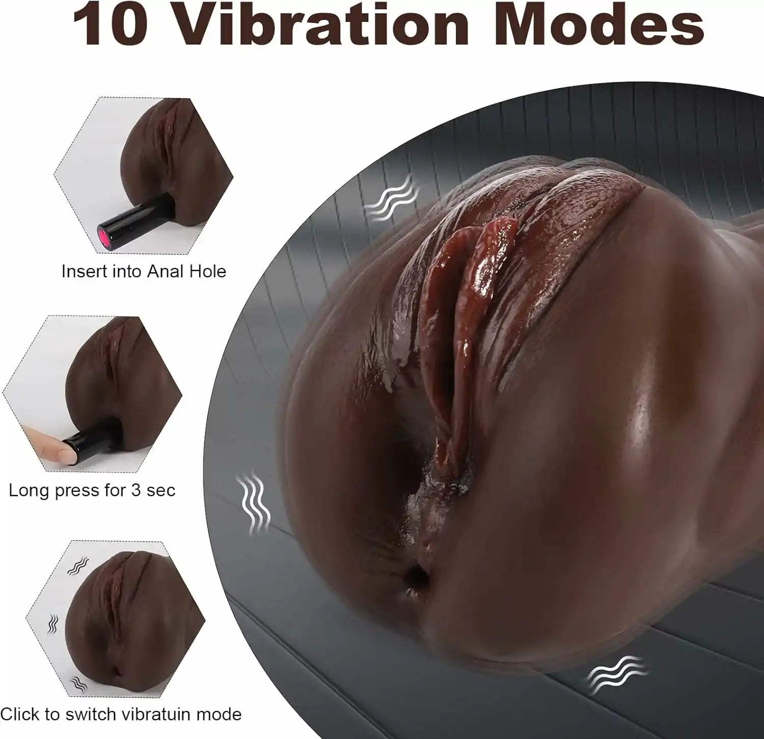 3 in 1 Realistic Black Pocket Pussy with Vibrator Textured Oral Vaginal Anal Channels MT-PU69