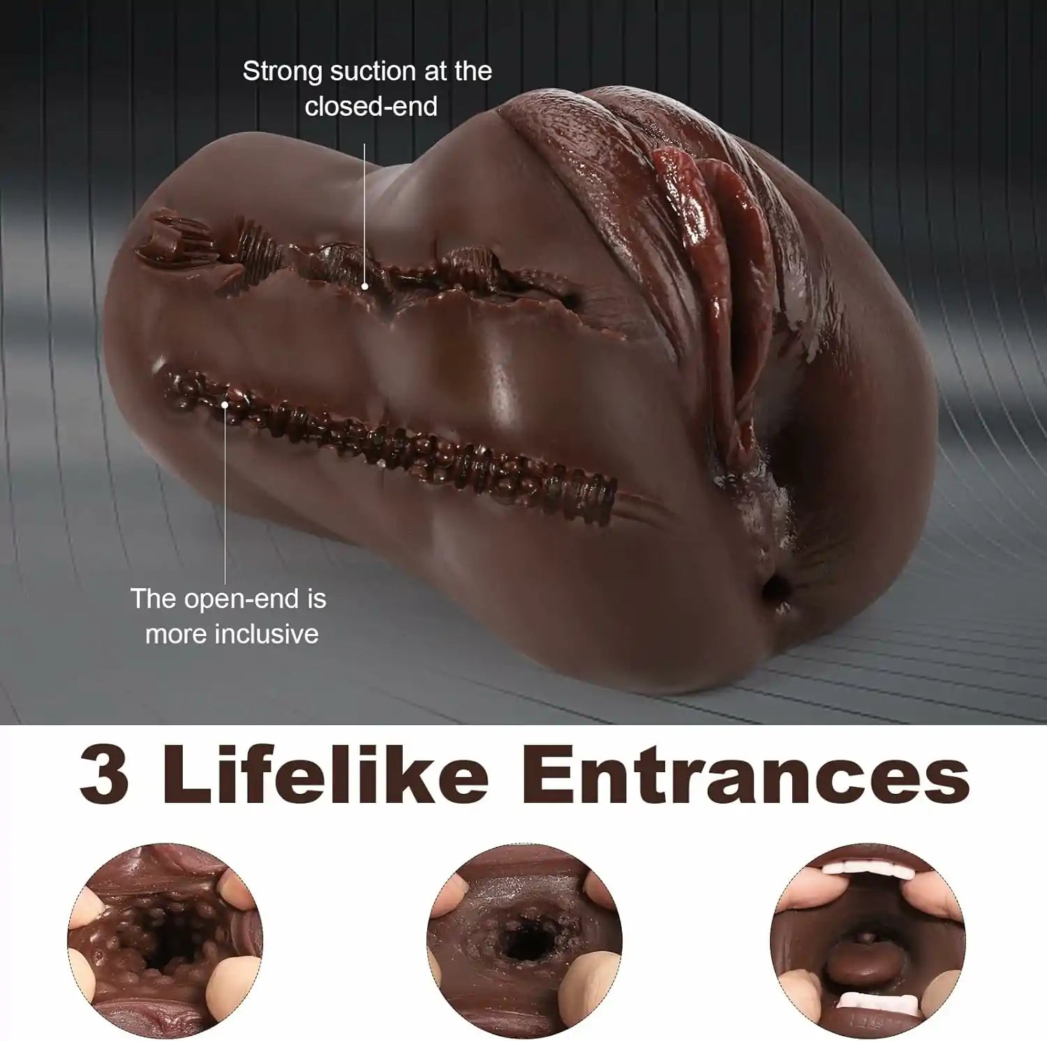 3 in 1 Realistic Black Pocket Pussy with Vibrator Textured Oral Vaginal Anal Channels MT-PU69