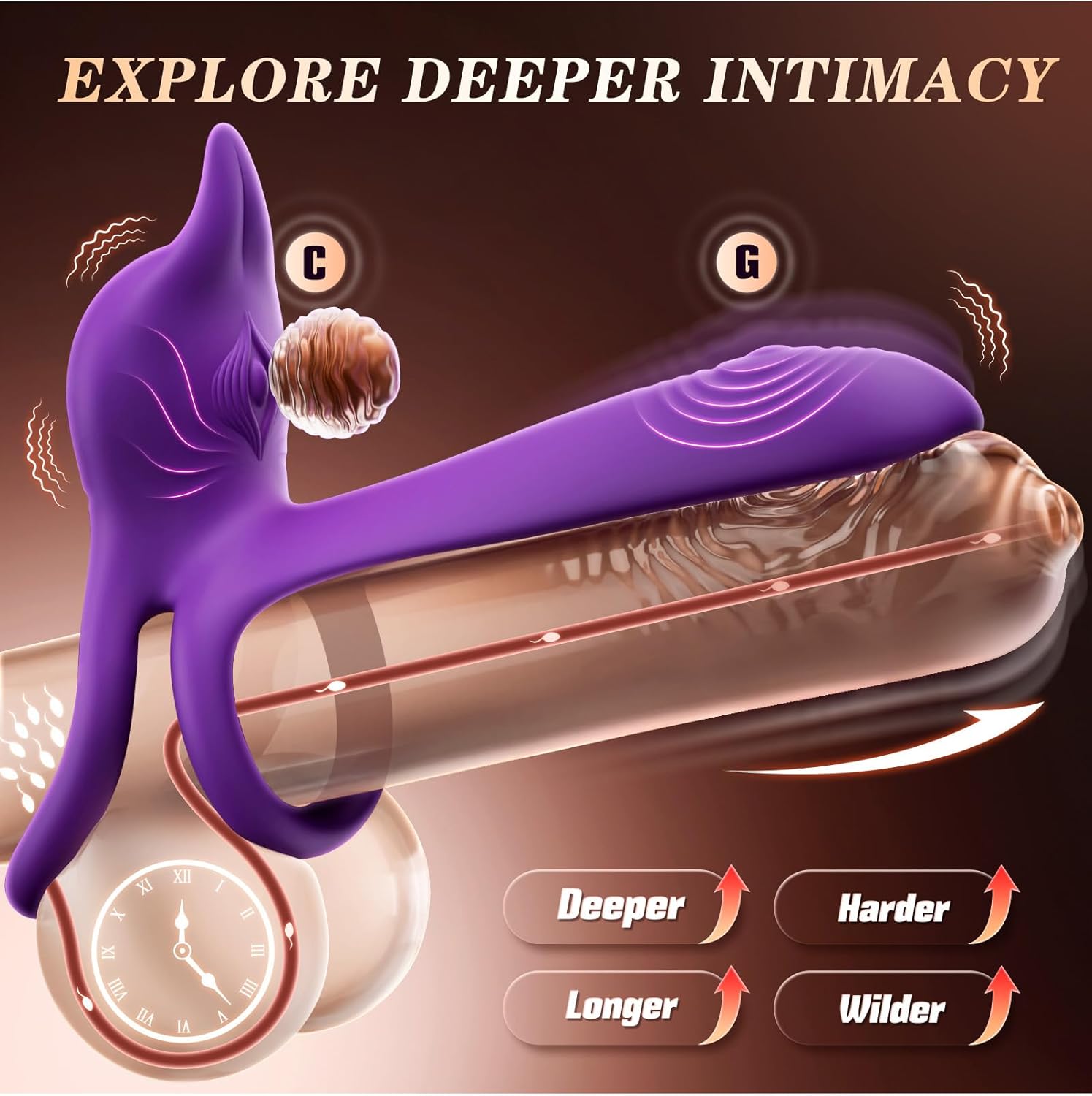 PR14: Couples' Vibrating Penis Ring Sex Toy with Curved Clitoral Stimulator Head & G-Spot Vibrator — 10 Vibration Modes