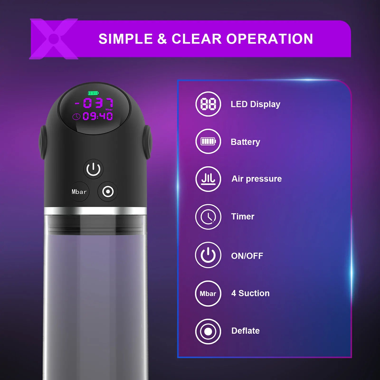 Luxury Vacuum Penis Pump 4 Suction Digital Display One Key Release