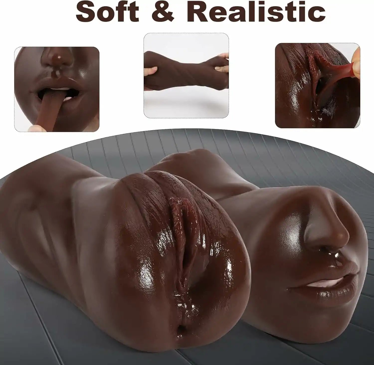 3 in 1 Realistic Black Pocket Pussy with Vibrator Textured Oral Vaginal Anal Channels MT-PU69